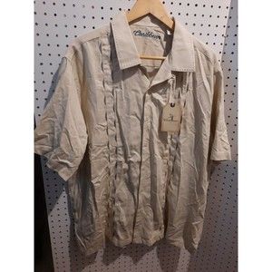 Caribbean Roundtree Yorke Mens Shirt XL Khaki Beige Button Embroidered